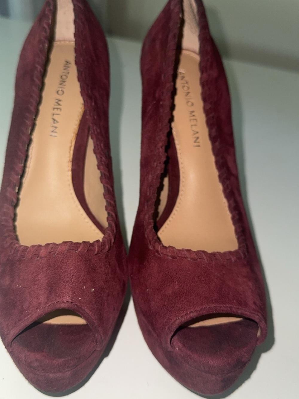 ANTONIO MELANI Wine Burgundy Suede Peep-Toe Heels